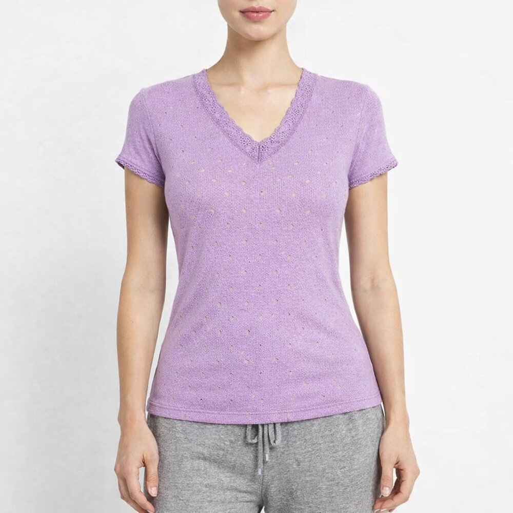 Vtg Gap Purple Pointelle Lace Trim V-Neck PJ Tee Retro Spring Summer Travel Y2K